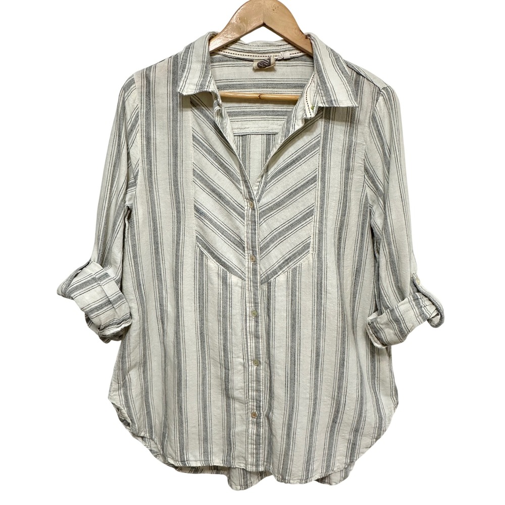 Lilka Anthropologie Striped Roll Tab Sleeve Button Down Shirt Womens M Cotton